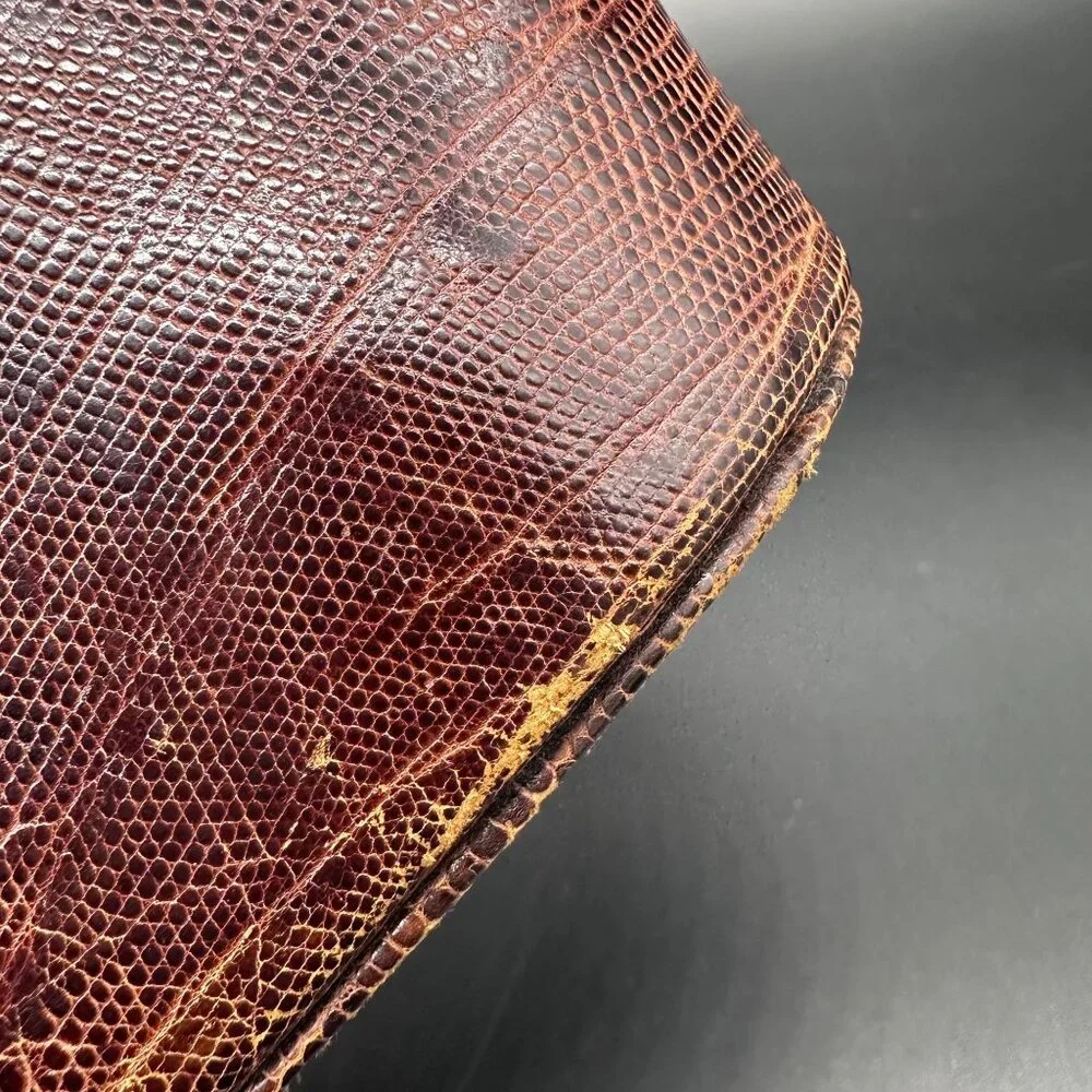 Vintage Purse Lizard Leather Handbag Lesco Mid Century Brown Gold Hardware Retro - Picture 10 of 16